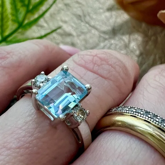❌SOLD❌ Vintage Aquamarine Diamond Ring Solid 14K Gold White Gold Emerald cut - Picture 7 of 17